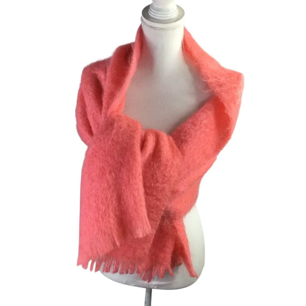 Yarrowvale Vtg Mohair Scarf Shawl Wrap Scotland Scottish Coral Salmon 73 x 18